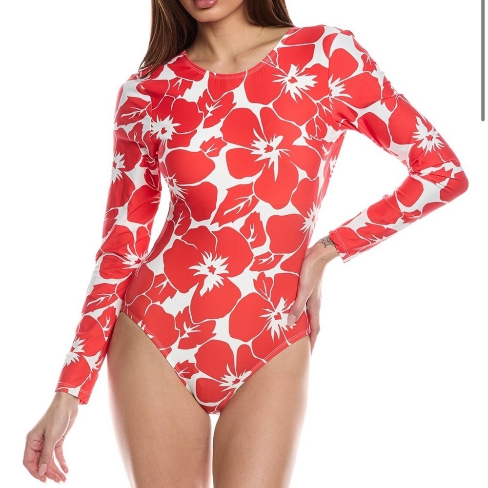 Vince Camuto Women's Red Floral Long Sleeve Swimsuit